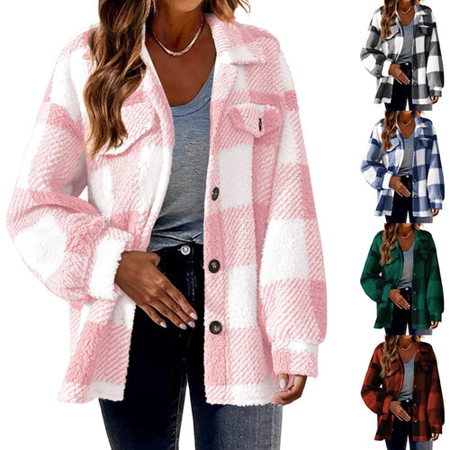 Ladies Plaid Plush Jacket with Snap Button Closure and Convenient Pockets Amarae