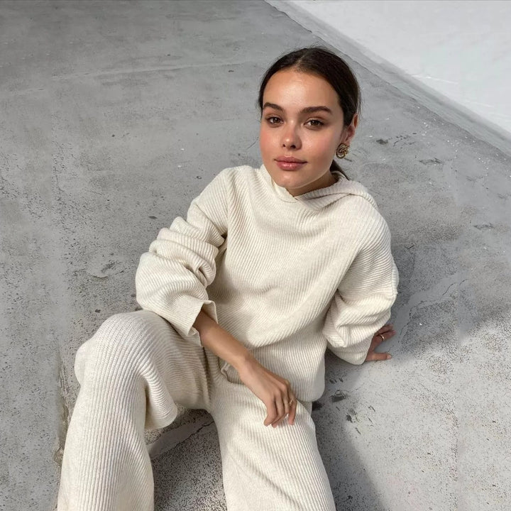 Casual knitted set for women with oversized hoodie and wide pants Lune London