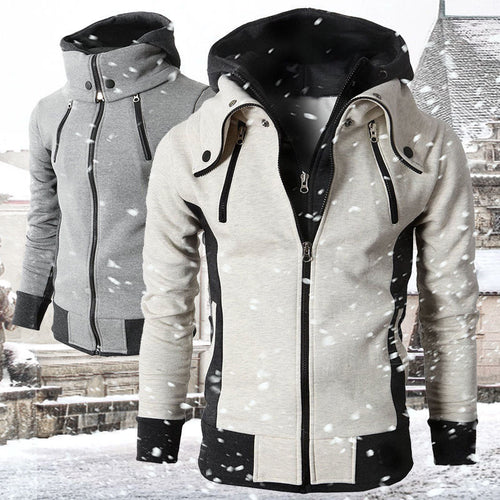 Innovative hooded jacket for men with contrasting inserts and strategic zippered pockets Amarae