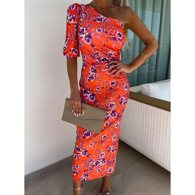 One-Shoulder Maxi Dress for Women with Ruffle Detail on the Sleeve Lune London