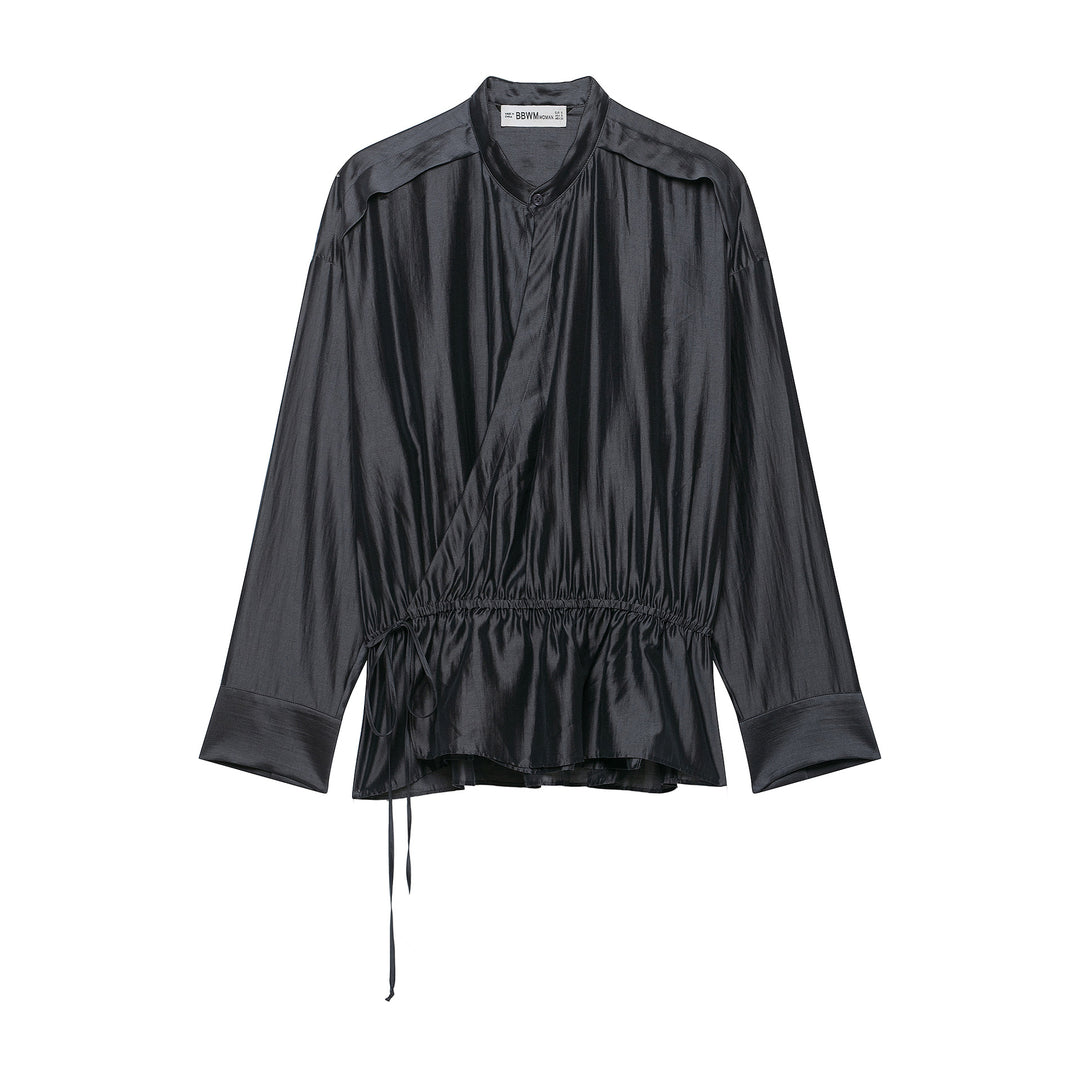 Women's satin blouse with stand-up collar, wrap look and drawstring Amarae