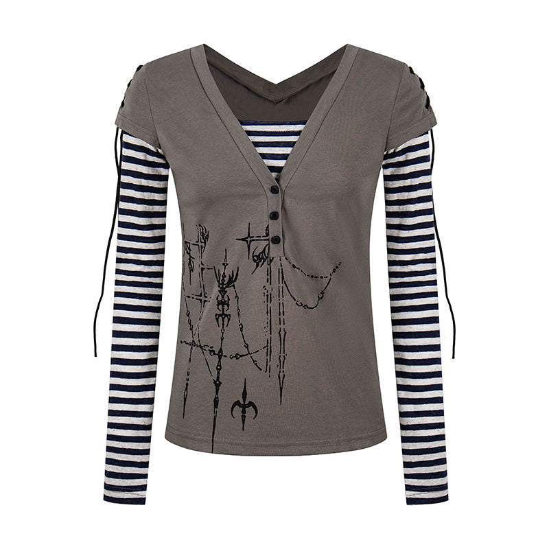 Women's Layered Long Sleeve Shirt with V-Neck, Striped Inner Layer and Lacing Detail Amarae
