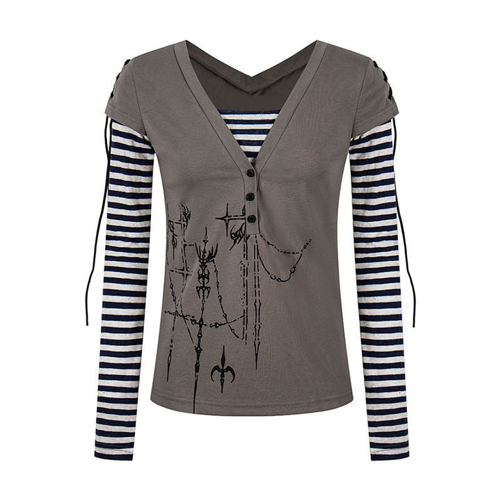 Women's Layered Long Sleeve Shirt with V-Neck, Striped Inner Layer and Lacing Detail Amarae