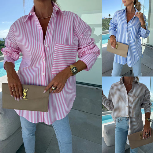 Women Long Sleeve Blouse with Fine Stripes and Practical Chest Pocket Amarae