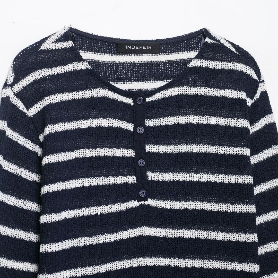 Women's striped sweater with button placket and lightweight textured knit Amarae