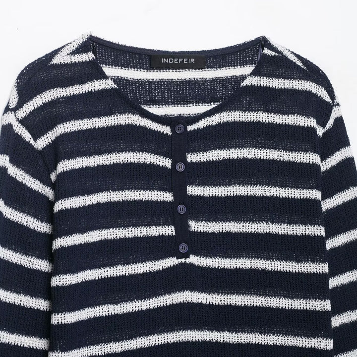 Women's striped sweater with button placket and lightweight textured knit Amarae