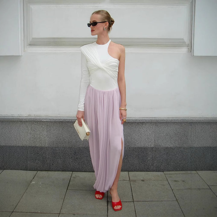 Women Asymmetric One-Shoulder Maxi Dress with Draped Top, Long Pleated Skirt and Leg Slit Amarae