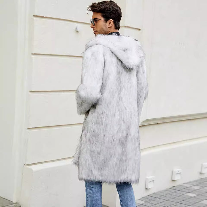 Long coat for men with hood in soft faux fur Lune London