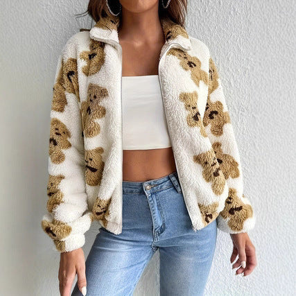 Women's cozy fleece jacket with bear pattern and full zip Amarae