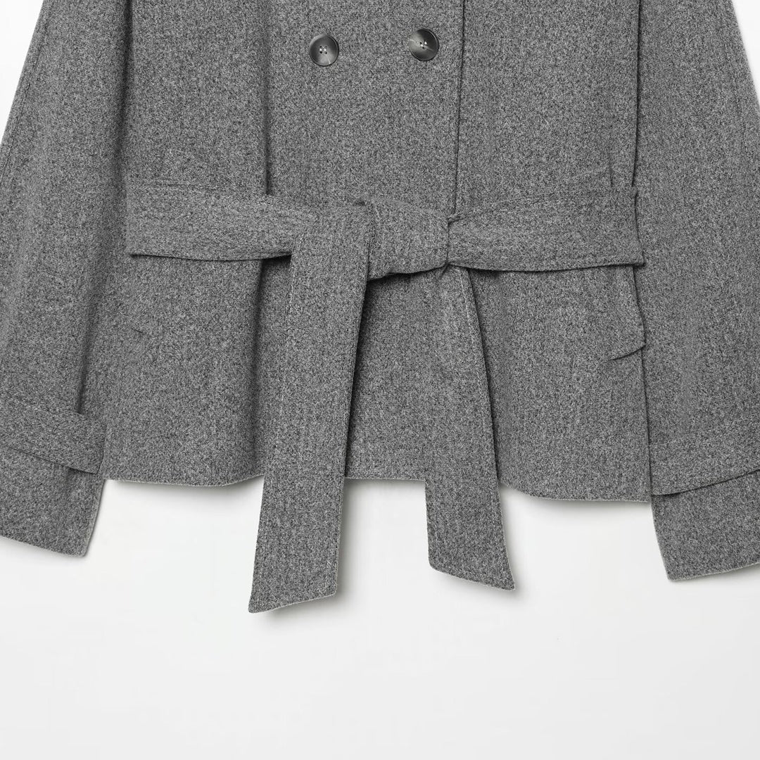 Women's cape transitional jacket in a short cut with a high collar, double button placket, and waist tie belt Amarae