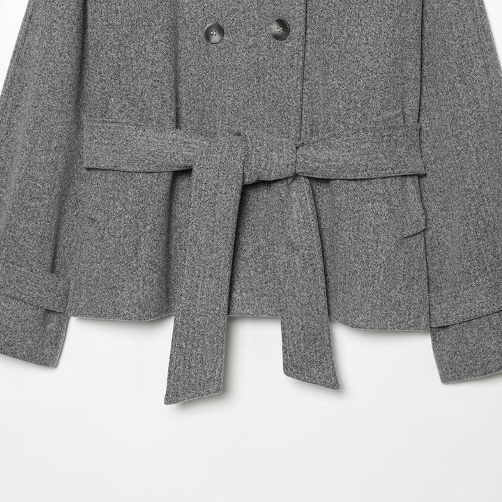 Women's cape transitional jacket in a short cut with a high collar, double button placket, and waist tie belt Amarae