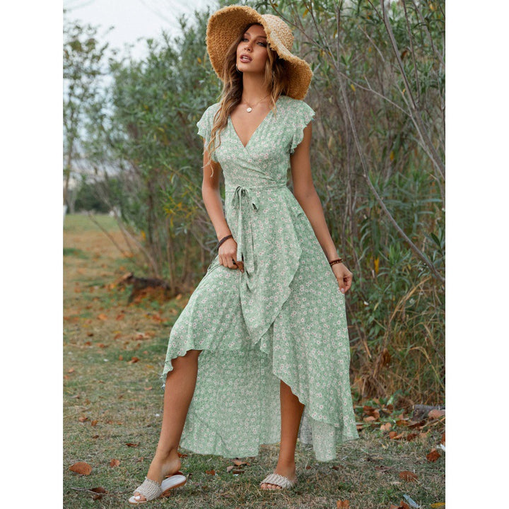 Lune London women's maxi dress with fluid sleeves and floral height difference