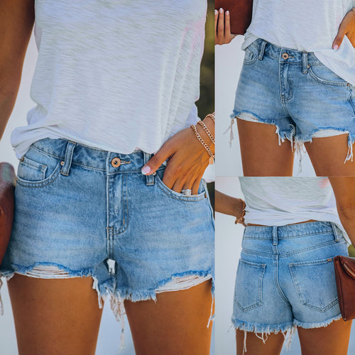 Ladies high-waisted distressed denim shorts with frayed details Amarae