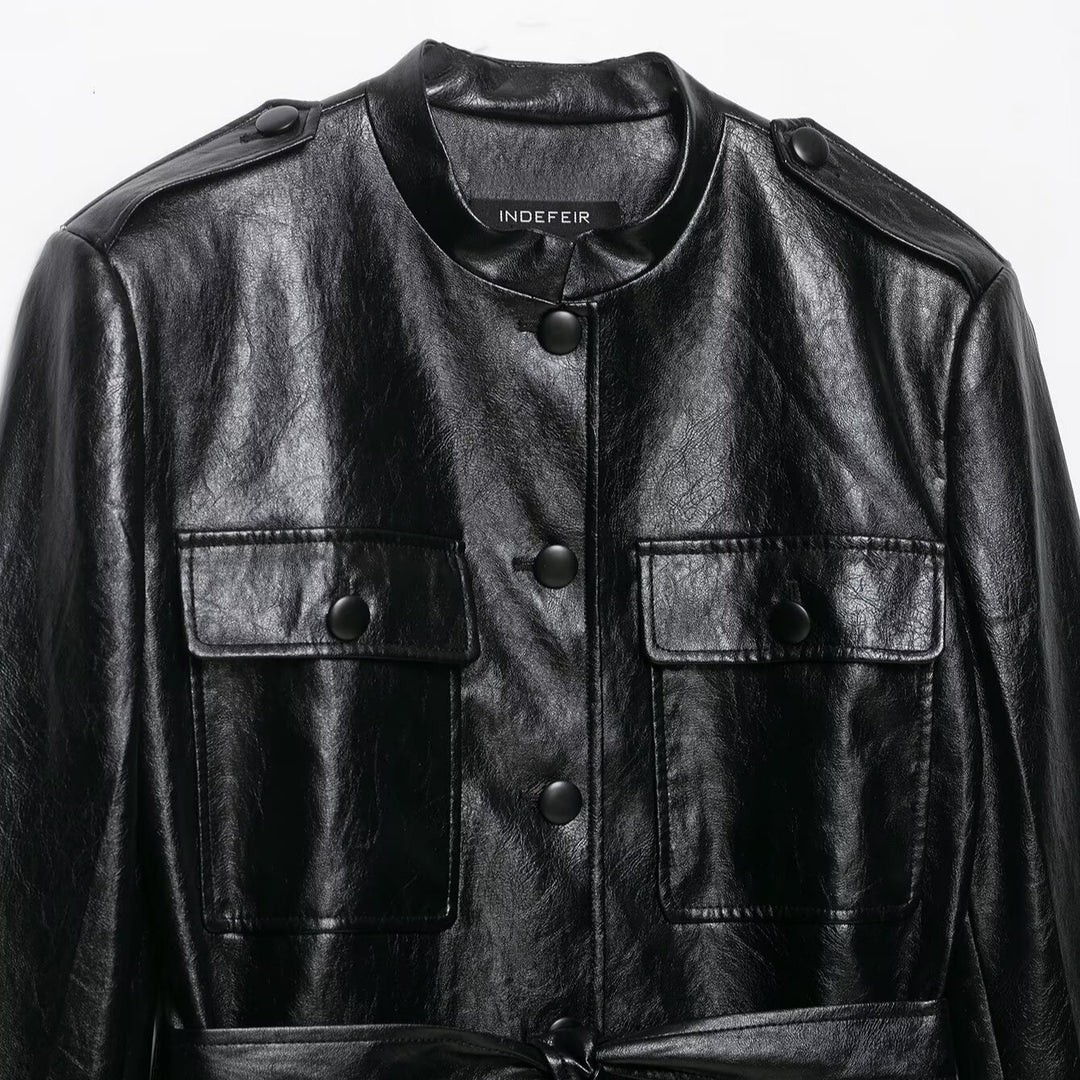 Women's fitted faux leather trench coat with stand-up collar, flapped pockets and tie belt Amarae