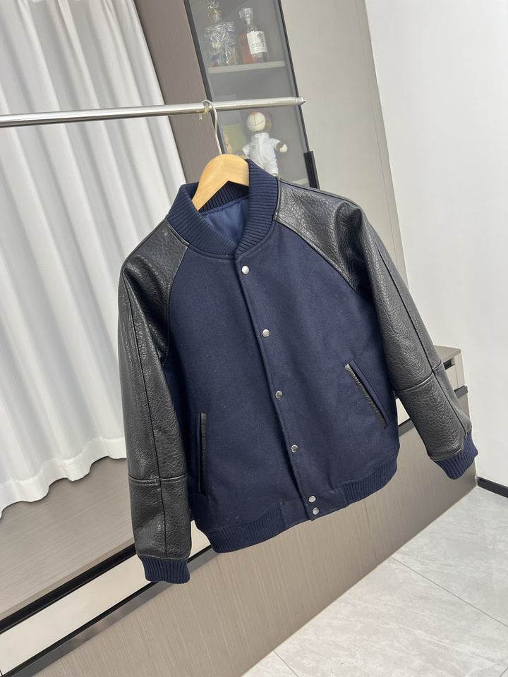 Men's College Bomber Jacket with Wool Blend Body and Structured Leather Look Sleeves Amarae