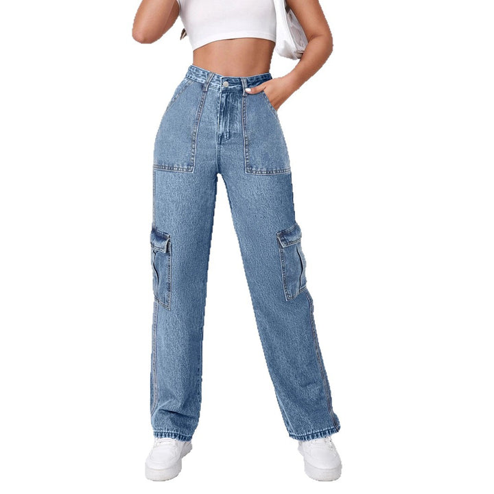 Women High-Waisted Cargo Wide Jeans with Patch Pockets and Elastic Hem Amarae