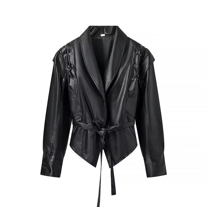 Faux leather jacket for women, tailored, with waterproof finish and asymmetrical collar Lune London