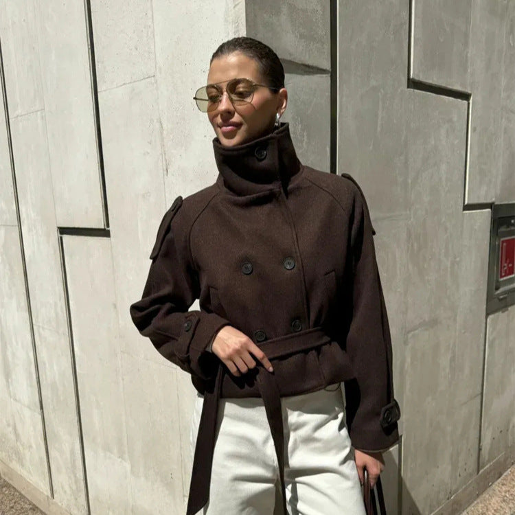 Ladies short cut wool blend jacket with high stand-up collar and waist belt Amarae