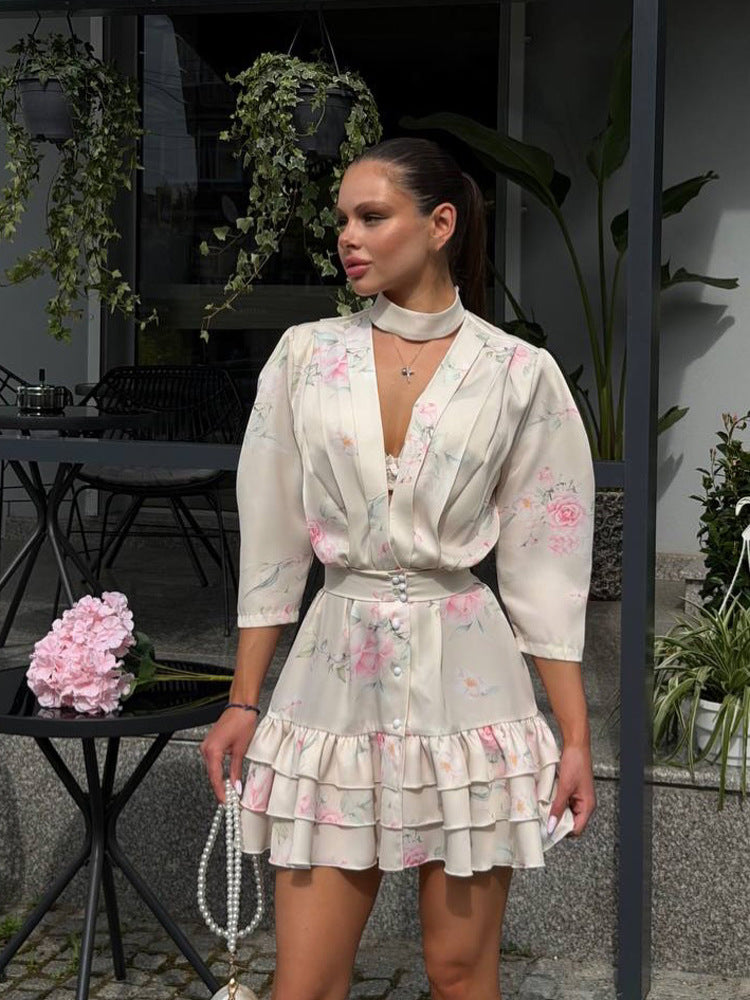Ladies Floral Chiffon Mini Dress with V-Neck, Waistbelt & Ruffle Steps Amarae