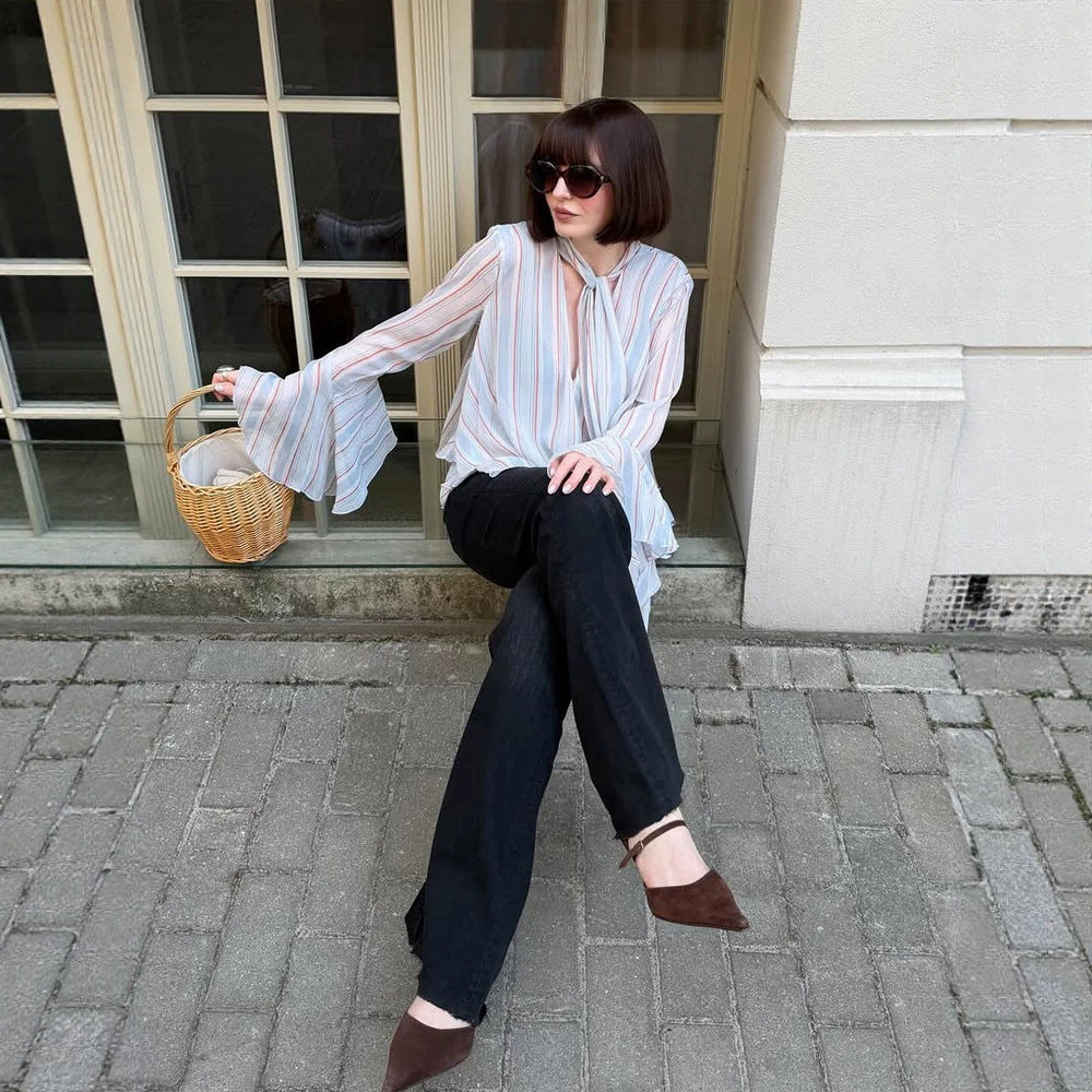 Women's Striped Chiffon Blouse with Tie Bow, Ruffled Hem & Bell Sleeves Amarae