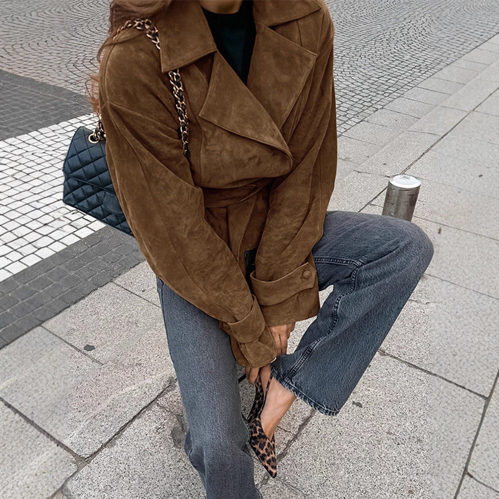 Women's short blazer in suede look with tie belt and boxy silhouette Amarae