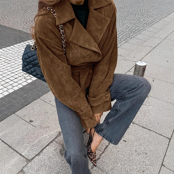 Women's short blazer in suede look with tie belt and boxy silhouette Amarae