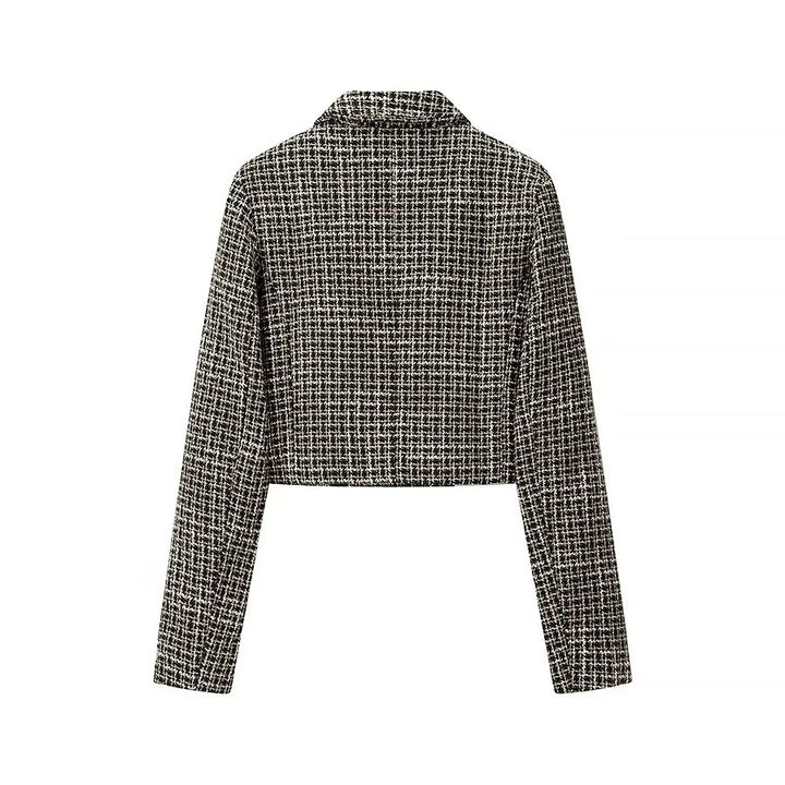 Women’s short blazer in boucle tweed with boxy cropped silhouette and decorative buttons Amarae