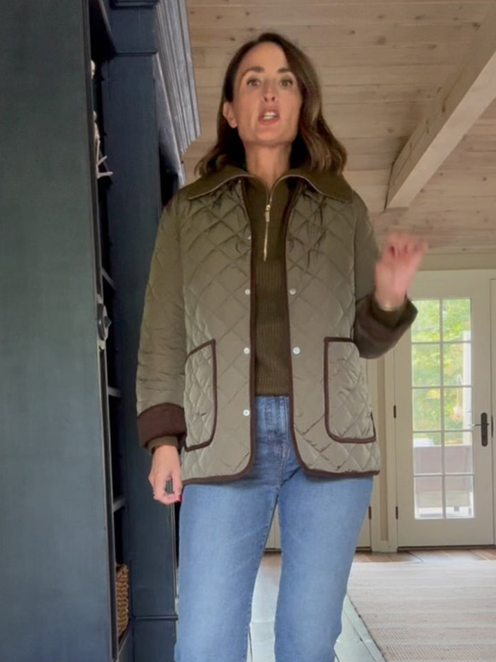 Ladies quilted field jacket with contrast piping, patch pockets & hip-length boxy silhouette Amarae