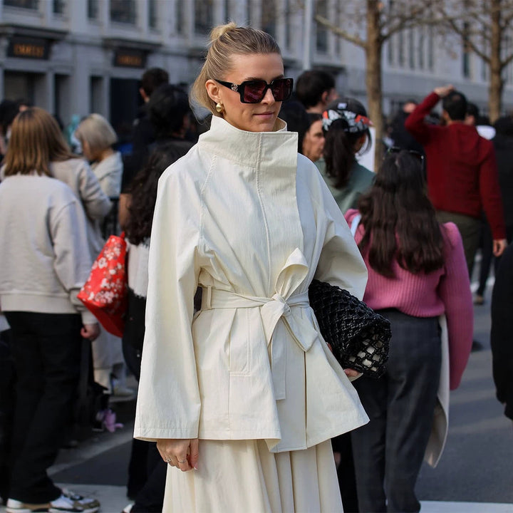 Women's Boxy Short Coat with High Stand Collar and Tied Belt Amarae