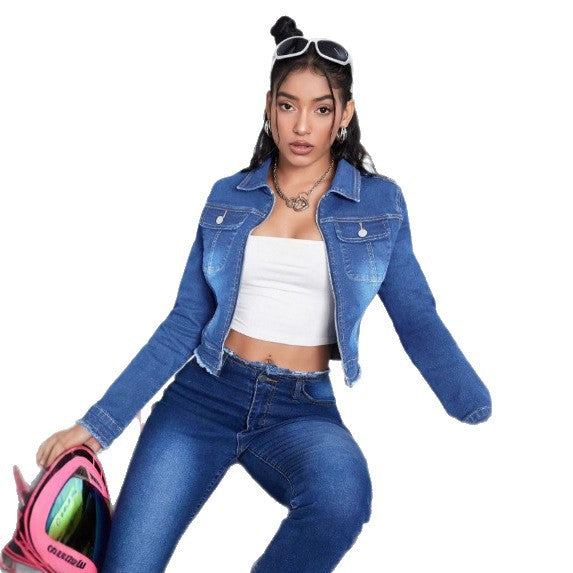 Women's cropped fitted denim jacket with zipper and raw hem Amarae