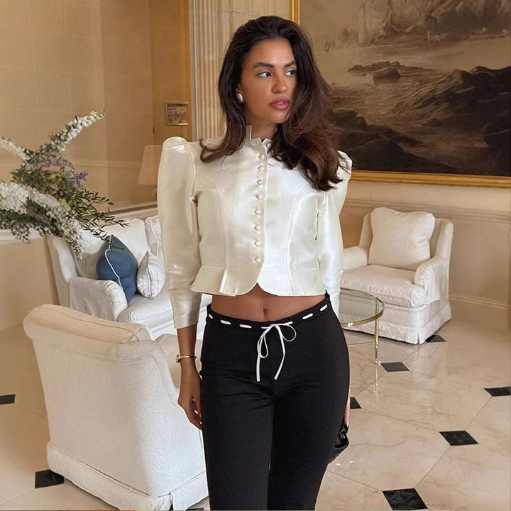 Women Satin Two-Piece with Tailored Short Jacket, Stand Collar & High-Waist Wide Pants Amarae