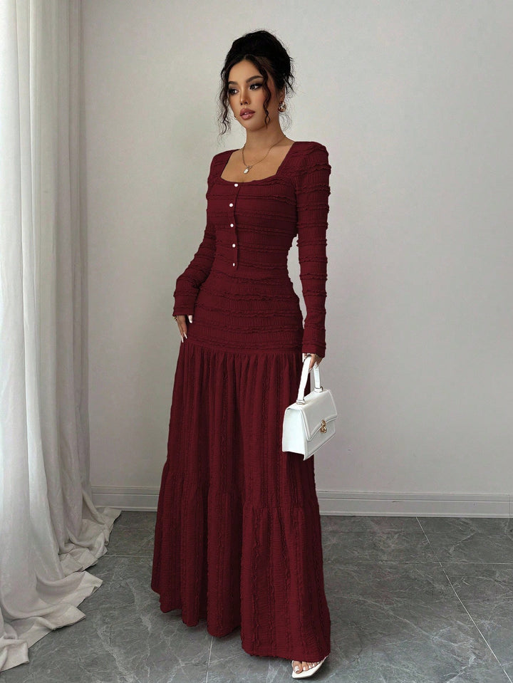 Women's Figure-Hugging Ruffle Maxi Dress with Square Neckline and Button Placket Amarae