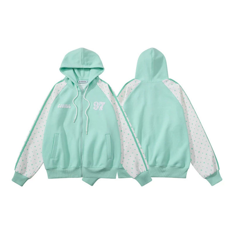 Women's hooded sweatshirt jacket with full zipper, raglan sleeves, and polka dot inserts Amarae