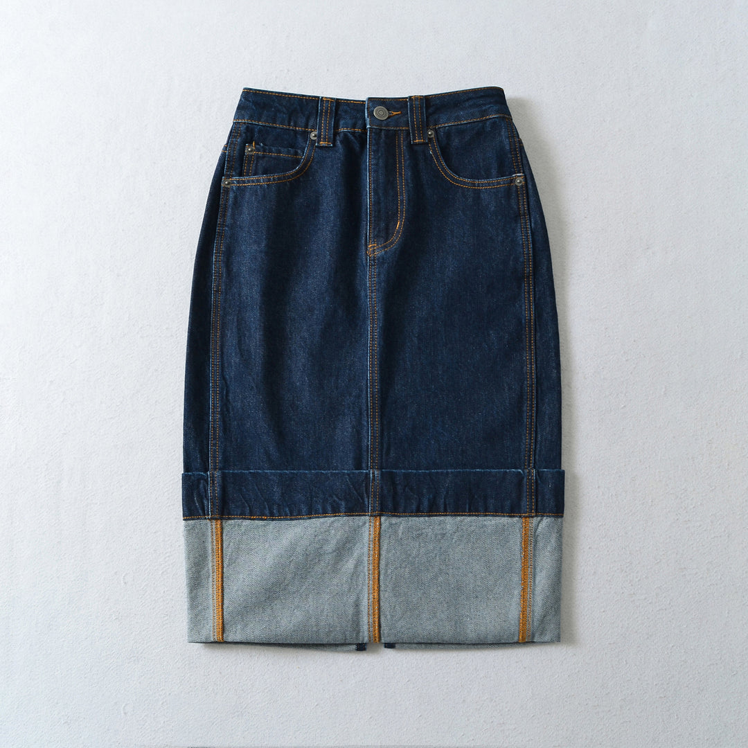 Women's High-Waisted Midi Skirt Made of Denim with Visible Seams and Turned-Up Hem Amarae