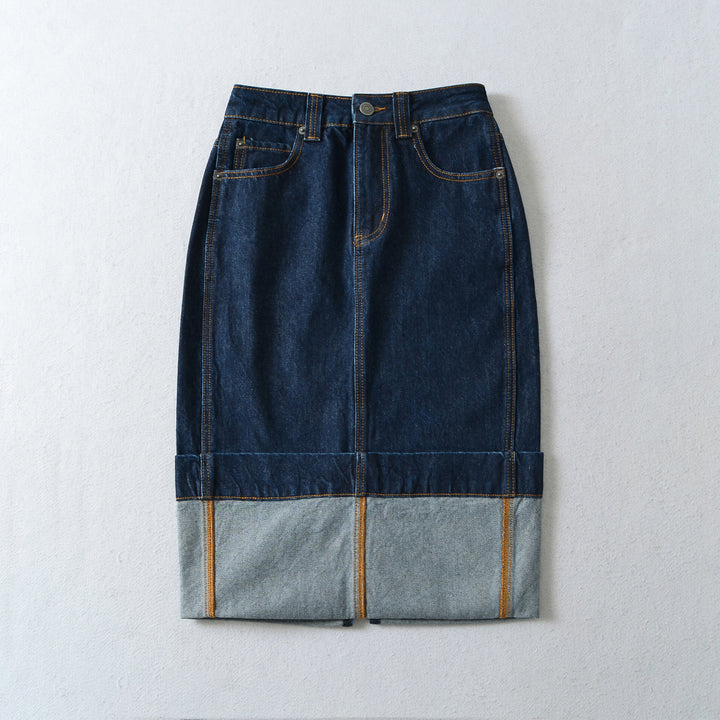 Women's High-Waisted Midi Skirt Made of Denim with Visible Seams and Turned-Up Hem Amarae