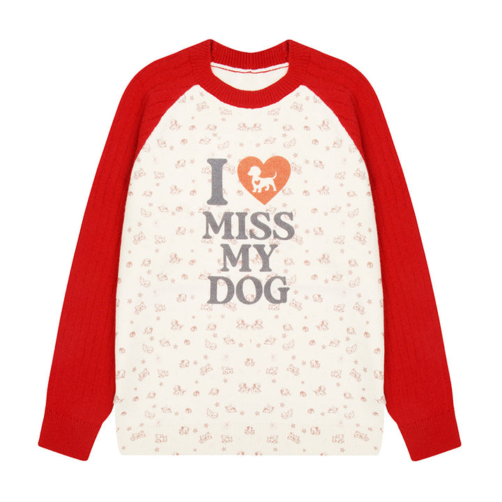 Women's knit sweater with raglan sleeves, allover dog motif and statement print Amarae