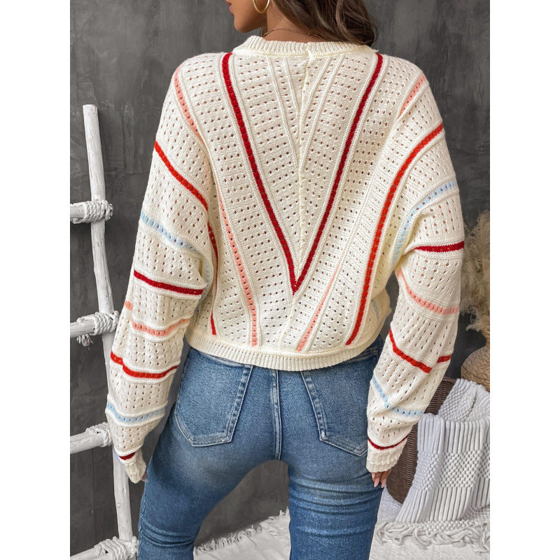 Knitted sweater for women with a generous openwork pattern structure and colorful accents Lune London