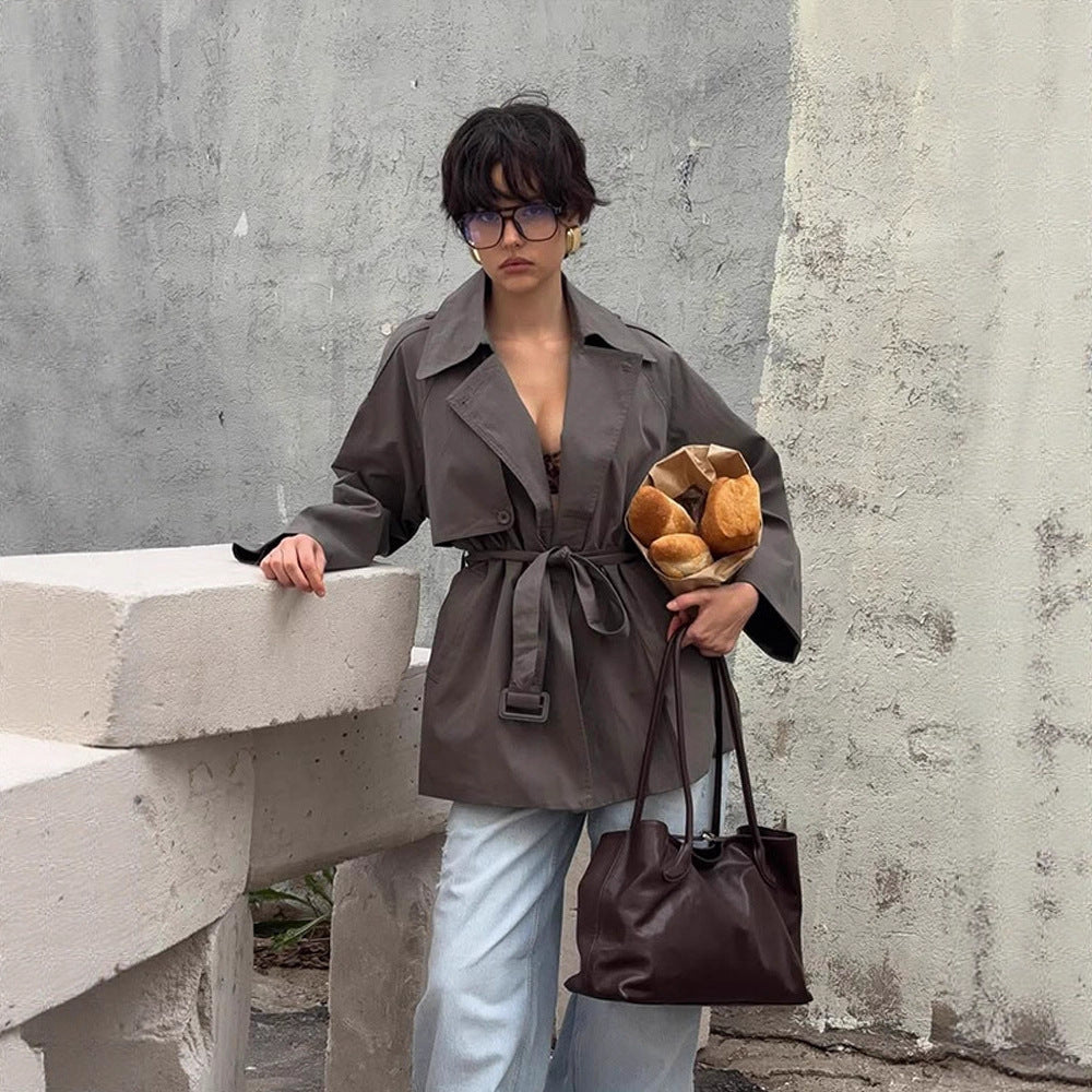 Women Short Trench Coat with Tied Belt and Oversized Sleeves Amarae