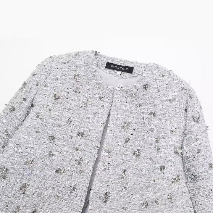 Lune London elegant tweed jacket for women with sparkling sequins and a textured design