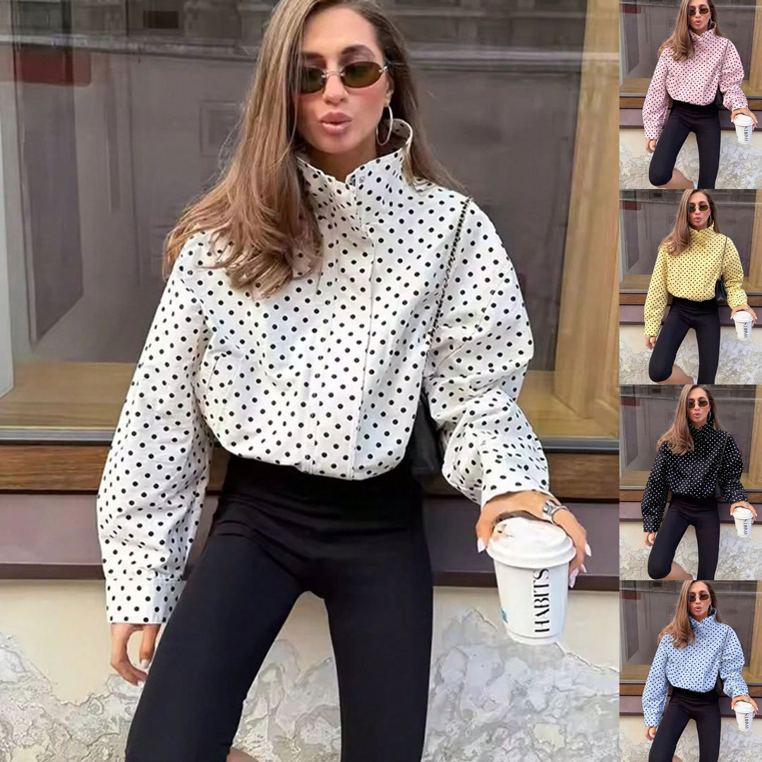 Women Polka Dot Blouse with Stand-up Collar and Balloon Sleeves Amarae