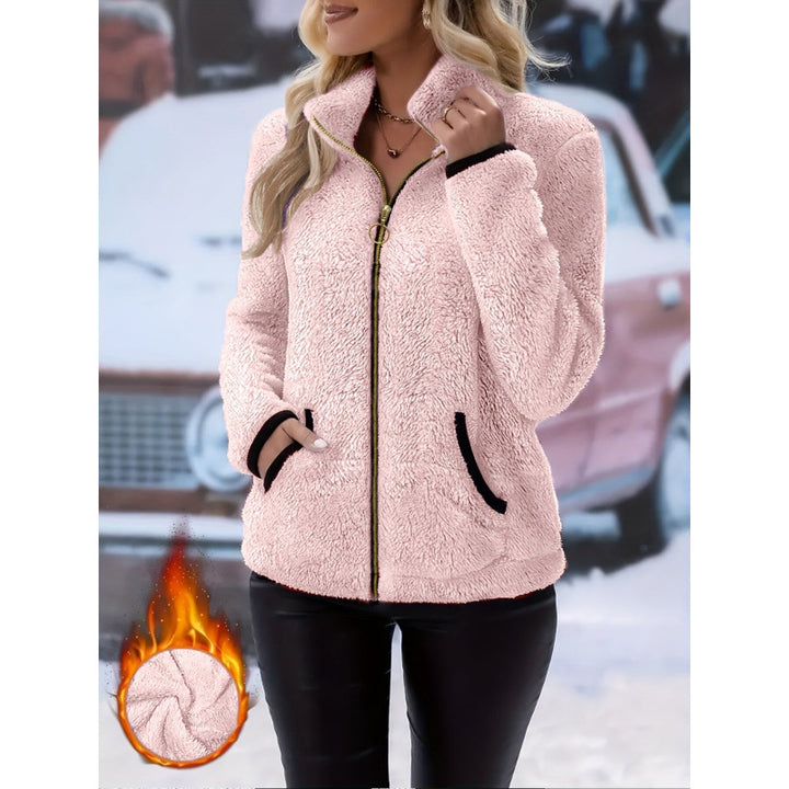 Women's thermal sherpa fleece jacket with stand-up collar, contrast edges and ring zipper Amarae