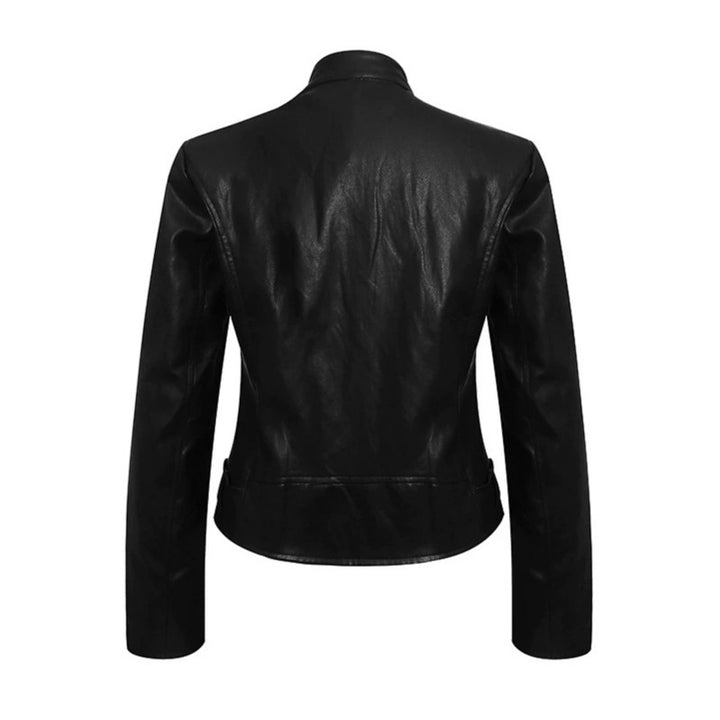Women's Fitted Leather-Look Jacket with Stand-Up Collar, Epaulettes, and Waist Belt Amarae