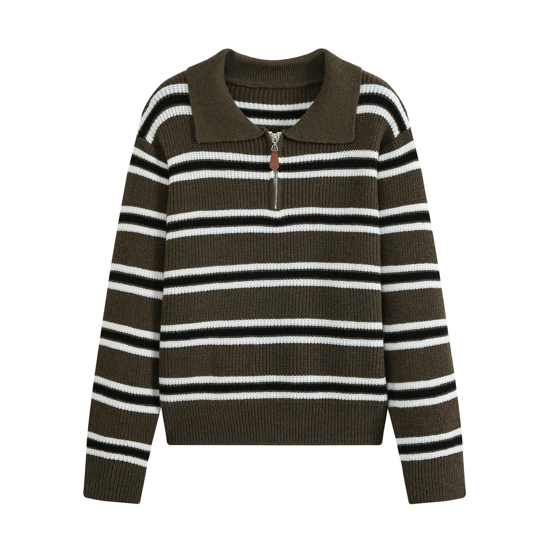 Women's Striped Knit Sweater with Polo Collar and Half Zipper Amarae