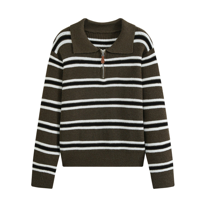 Women's Striped Knit Sweater with Polo Collar and Half Zipper Amarae