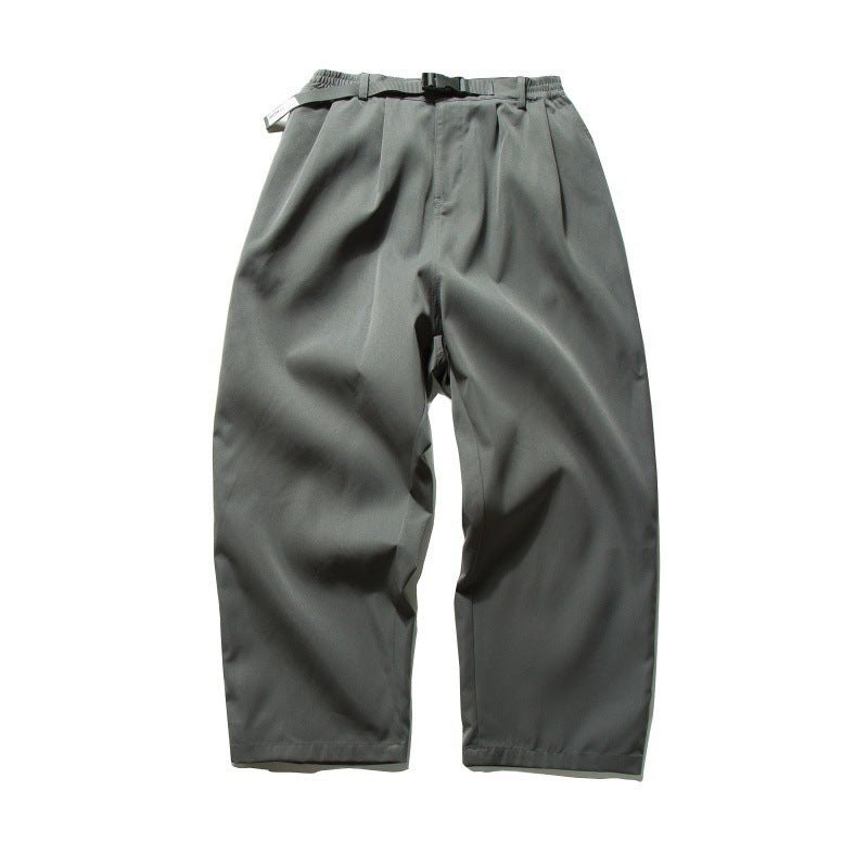 Men's Wide Relaxed Twill Pants with Elastic Waistband, D-Ring Belt, and Pleats Amarae