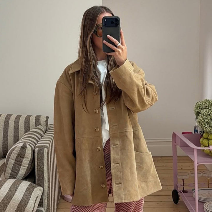 Women's short coat in suede look with boxy silhouette, horn button front & patch pockets Amarae
