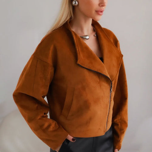 Trendy Brand Leather Jacket for Women with Open Collar and Practical Side Pockets Amarae