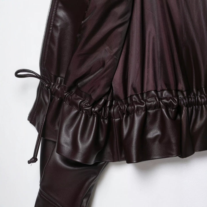 Women's Oversized Faux Leather Bomber Jacket with Funnel Neck, Drawstring Waist, and Flap Pockets Amarae
