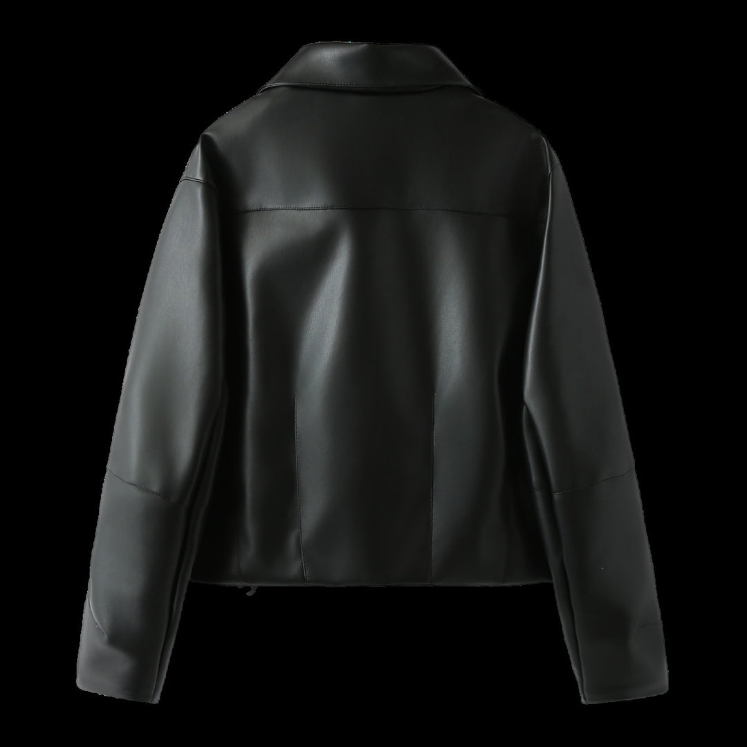 Elegant faux leather jacket for women with a modern silhouette and practical pockets Lune London