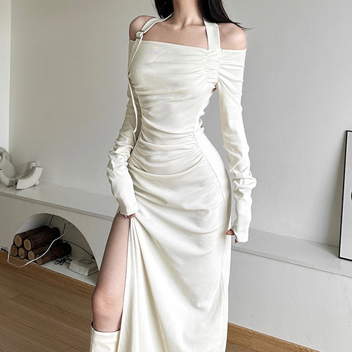 Ladies Elegant Maxi Dress with Asymmetrical Shoulder Design and Chic Refined Ruffle Details